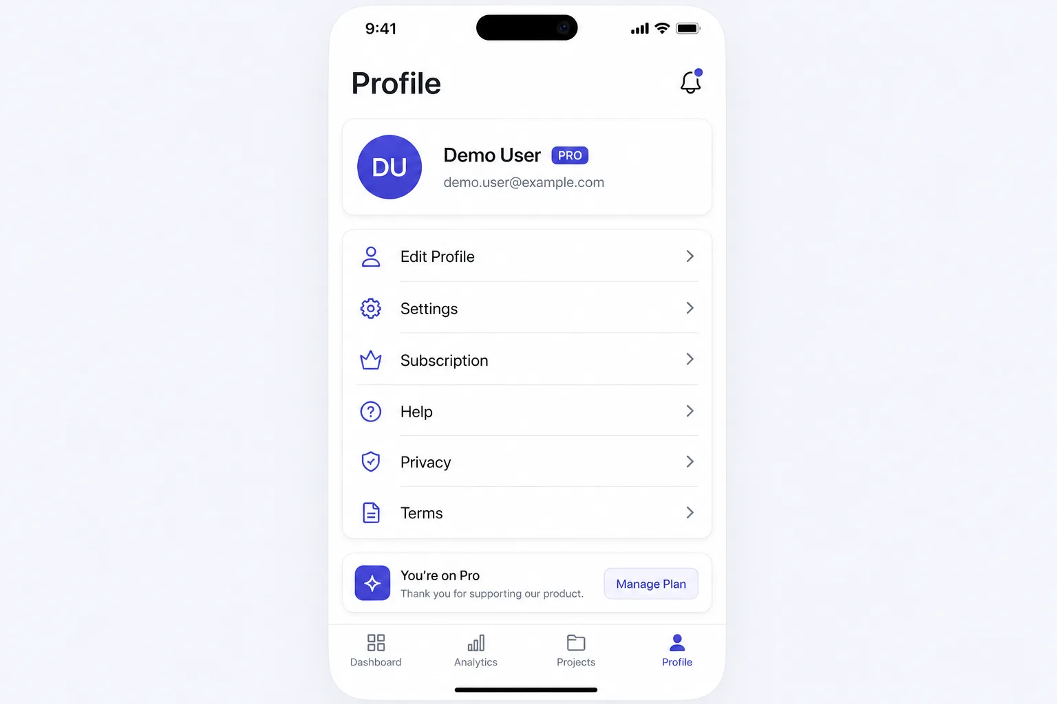 Premium SaaS Starter profile and account settings screen