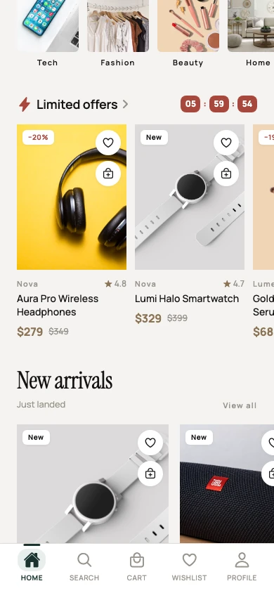 Lumora Commerce app category browsing screen