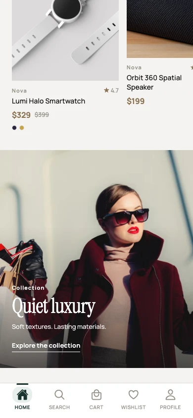Lumora Commerce app new arrivals section