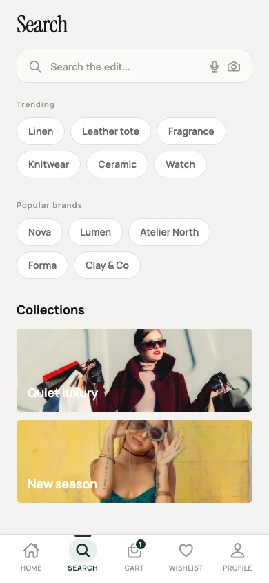 Lumora Commerce app product search screen