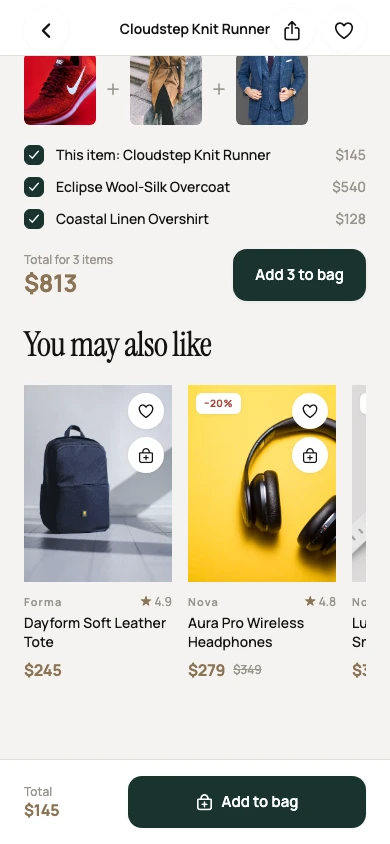 Lumora Commerce app product bundle screen