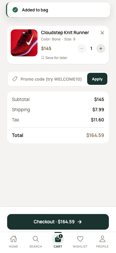 Lumora Commerce app shopping cart screen