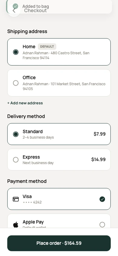 Lumora Commerce app checkout screen