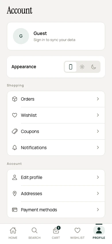 Lumora Commerce app customer profile screen